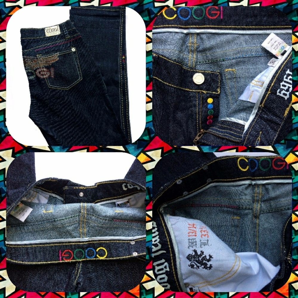 COOGI Dark Blue Straight Leg Jeans with Multicolor Rhinestone Logo - Picture 3 of 4